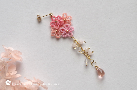 【訂做】梭織蕾絲花朵水滴耳環（粉紅色） 第3張的照片