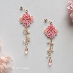 【訂做】梭織蕾絲花朵水滴耳環（粉紅色） 第1張的照片