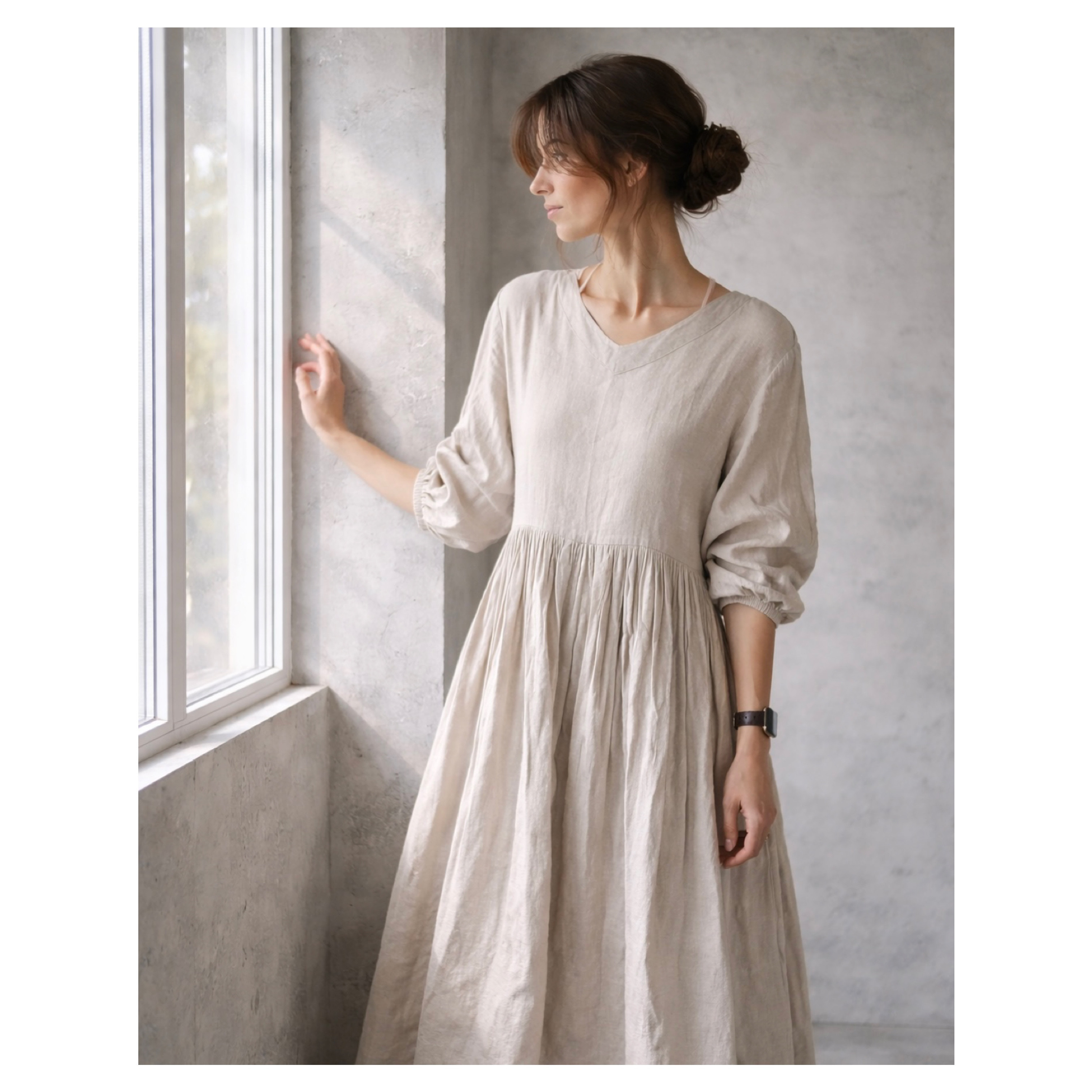 relaxing ヨーロッパリネン100% ギャザーたっぷりVネックワンピース／ナチュラル生成り（オートミール）