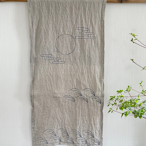 渋くてかわいい刺し子の〝秋〟手ぬぐい ベルギーリネン 生成り 「お月