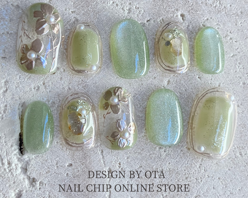 ネイルチップ #111 グリーン天然石 ニュアンス マグネット ぷっくりフラワー 165280acd50c05805485bb486e97fa