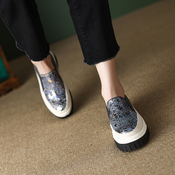 23 秋季女式真皮鞋超輕質厚底鞋舒適亮片淺口鞋 22 厘米-24.5 厘米 #795⭐免運費⭐ 第5張的照片