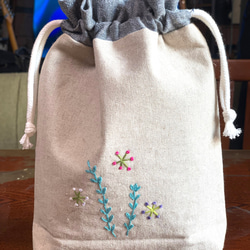 夏花の巾着袋縁布ブルーグレー 3枚目の画像