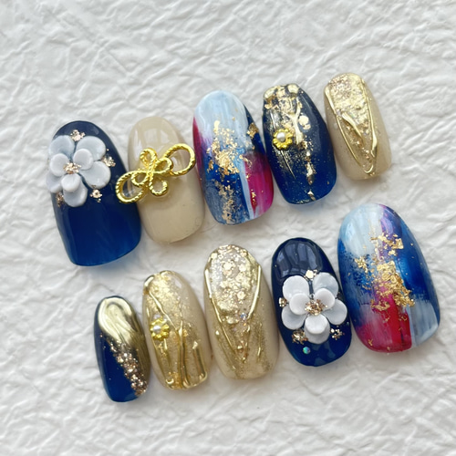 紺ネイル｜ネイビーネイル｜青ネイル｜振袖ネイル｜成人式ネイル｜お花