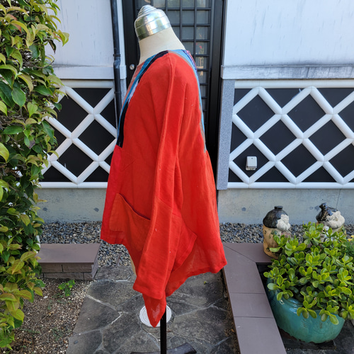 古布紅花染めと赤木綿のバッグ