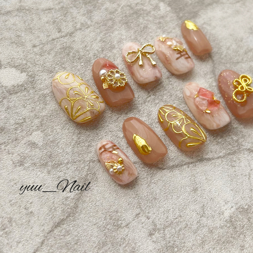 送料無料】カラー変更OK ニュアンス和柄ネイル ピンク/振袖