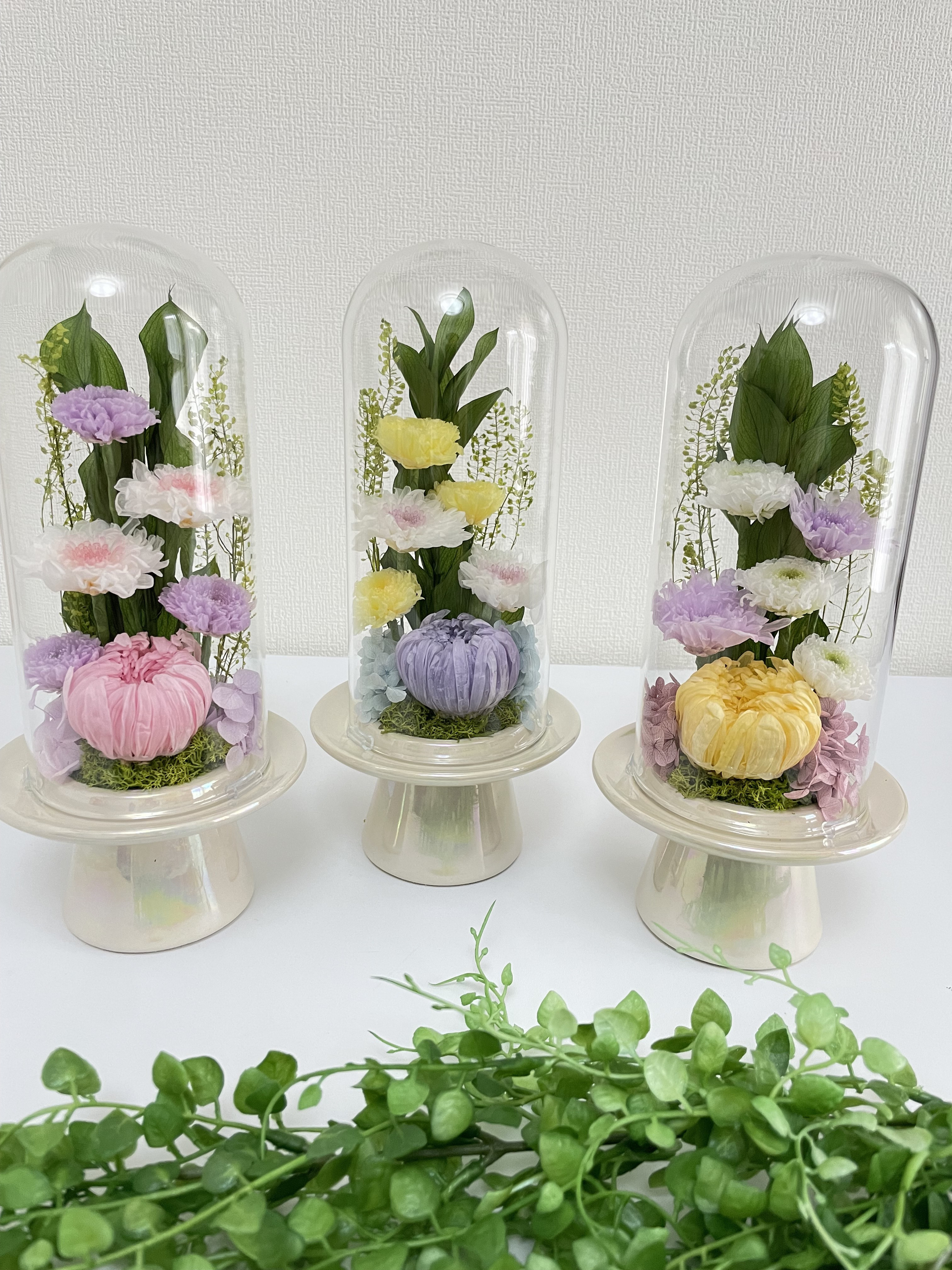 【受注制作】プリザーブドフラワー仏花　ガラスドーム入り大サイズ　一基　ピンク　お供え　お盆