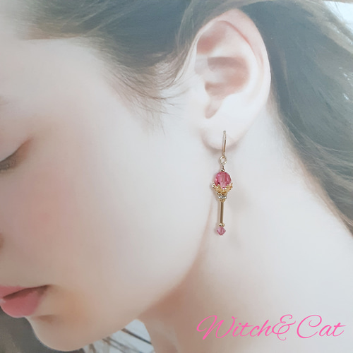 片耳用☆【魔法の杖 ピアス/イヤリング[ローズ]】 14KGF 魔女 魔法道具 