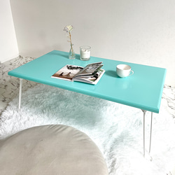 【受注制作】折りたたみ式ローテーブル　コンパクトテーブル　リビングテーブル　水色　ブルー　作業テーブル　おしゃれ　 3枚目の画像