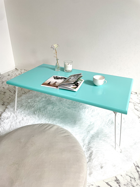 【受注制作】折りたたみ式ローテーブル　コンパクトテーブル　リビングテーブル　水色　ブルー　作業テーブル　おしゃれ　 3枚目の画像