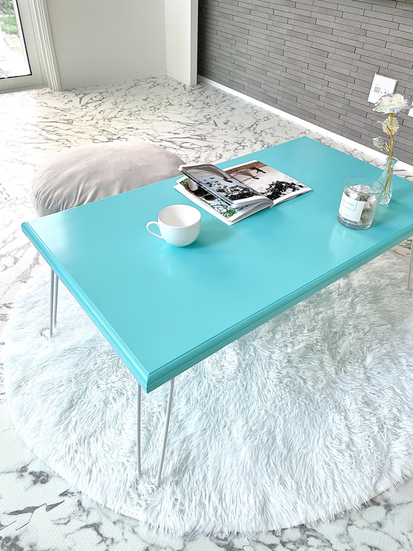 【受注制作】折りたたみ式ローテーブル　コンパクトテーブル　リビングテーブル　水色　ブルー　作業テーブル　おしゃれ　 1枚目の画像