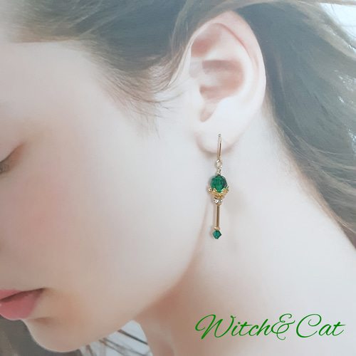 片耳用☆【魔法の杖 ピアス/イヤリング[エメラルド]】14KGF 魔女 魔法