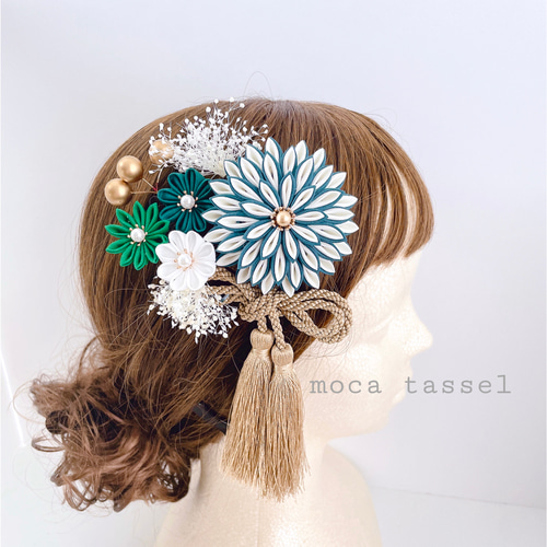 つまみ細工 髪飾り ＊緑ダリア＊ 成人式 七五三 卒業式 和装 結婚式