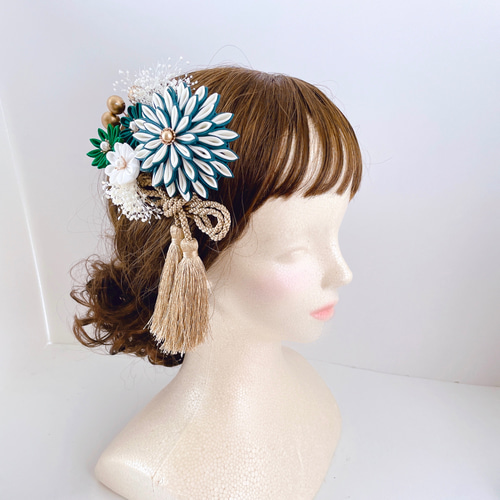 つまみ細工 髪飾り ＊緑ダリア＊ 成人式 七五三 卒業式 和装 結婚式