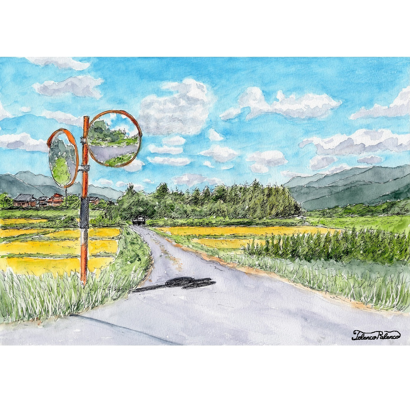 原画一点物 「田舎の農道に立つカーブミラー」 ＜ペンスケッチ＋透明