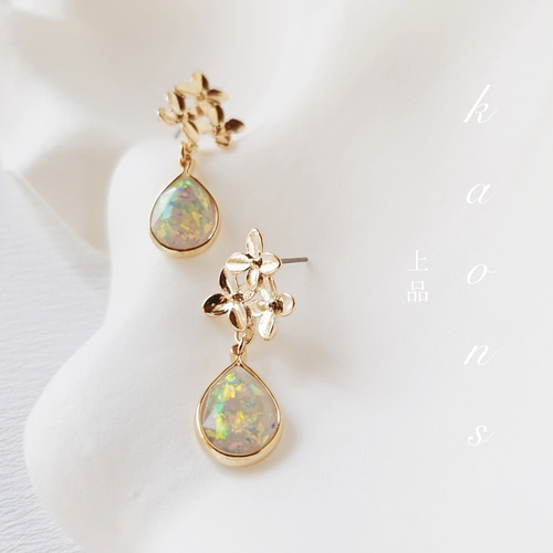 14kgfブルーオパールゴールドフラワースリムピアス/イヤリング 14kgf