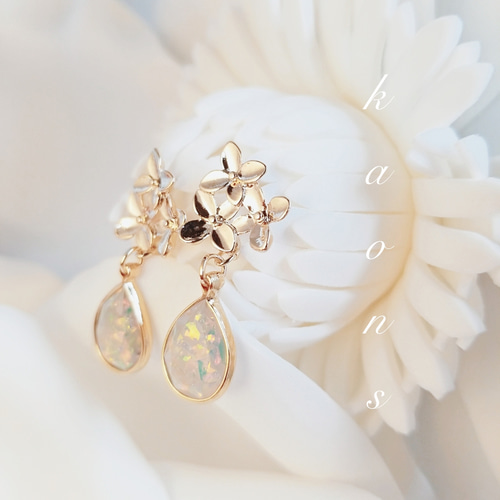 14kgfブルーオパールゴールドフラワースリムピアス/イヤリング 14kgf