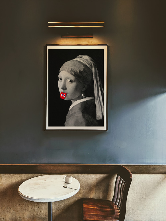 フェルメール　テヘペロ　真珠の耳飾りの少女　レッド　アートデザインポスター　A3サイズ　半光沢紙　 4枚目の画像