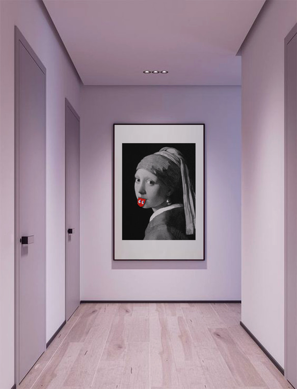 フェルメール　テヘペロ　真珠の耳飾りの少女　レッド　アートデザインポスター　A2サイズ　半光沢紙　 2枚目の画像