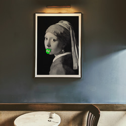 フェルメール　テヘペロ　真珠の耳飾りの少女　グリーン　アートデザインポスター　A３サイズ　半光沢紙　 4枚目の画像