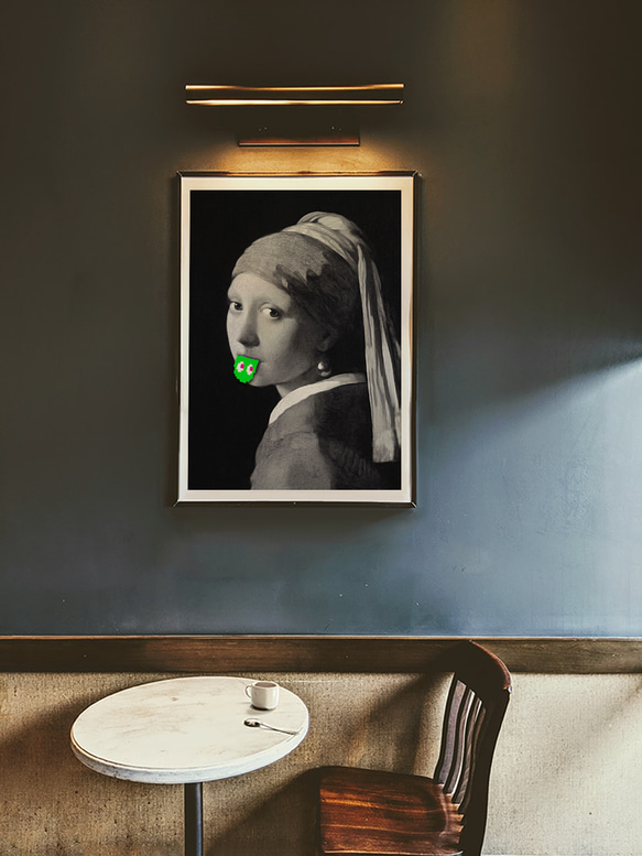 フェルメール　テヘペロ　真珠の耳飾りの少女　グリーン　アートデザインポスター　A３サイズ　半光沢紙　 4枚目の画像