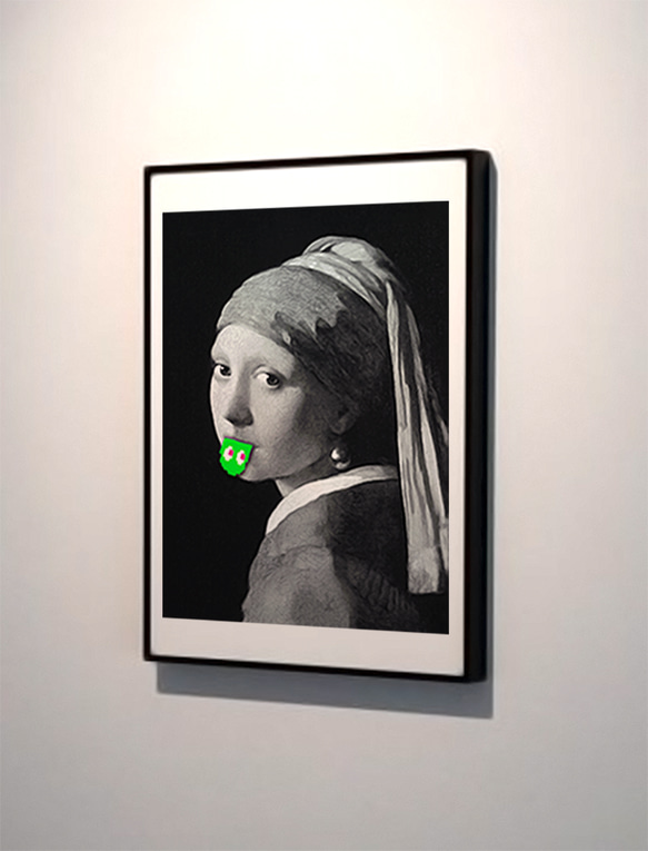 フェルメール　テヘペロ　真珠の耳飾りの少女　グリーン　アートデザインポスター　A３サイズ　半光沢紙　 1枚目の画像