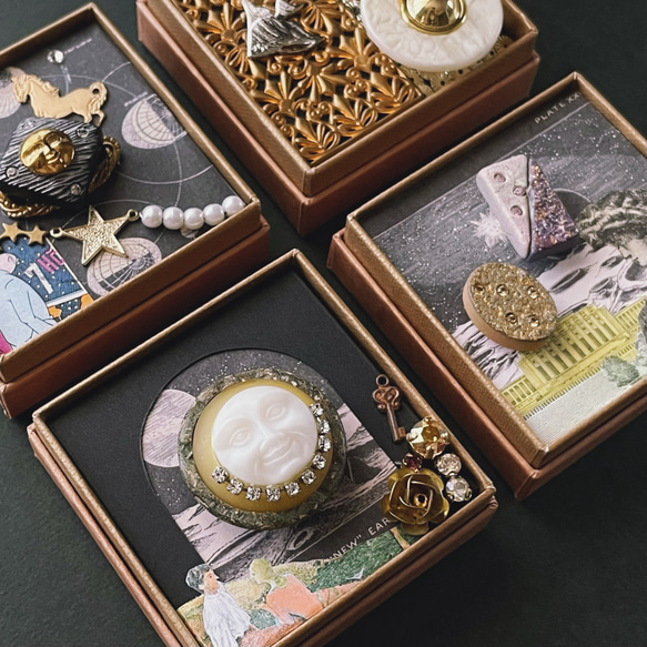 ムーンライトパーティ / ヴィンテージボタンや切手、真鍮パーツなどをコラージュした小さな箱のオブジェ 10枚目の画像