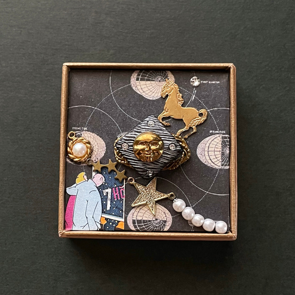 ムーンライトパーティ / ヴィンテージボタンや切手、真鍮パーツなどをコラージュした小さな箱のオブジェ 1枚目の画像