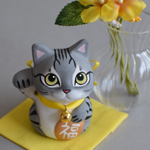 招き猫(右手・サバトラ・丸目)【受注制作】ご注文前には必ず