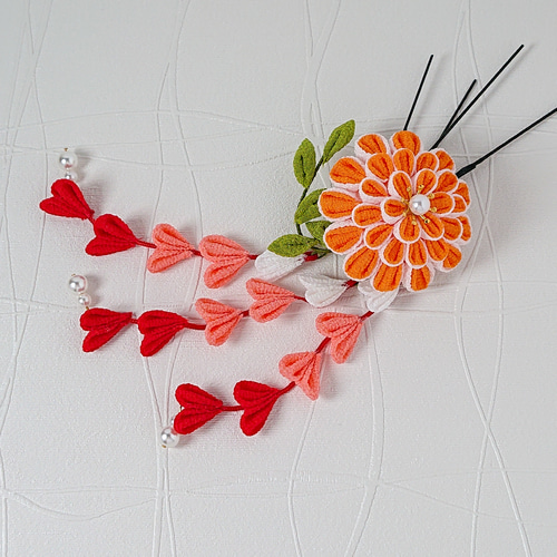 つまみ細工】ボタニカル オレンジ 髪飾り6点セット 七五三 7歳 卒業式