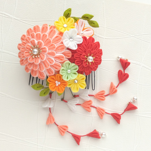 つまみ細工】ボタニカル オレンジ 髪飾り6点セット 七五三 7歳 卒業式