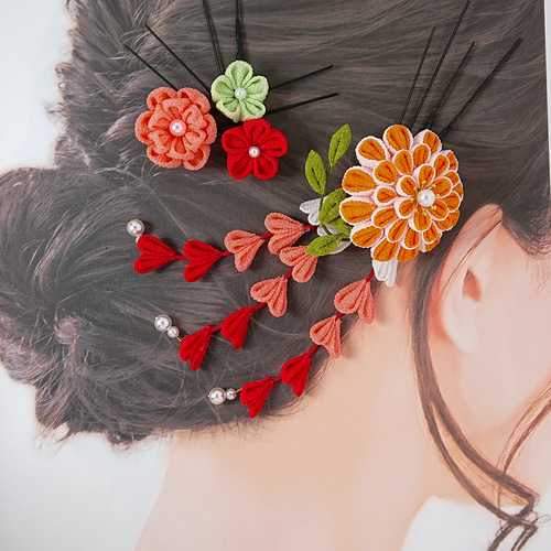 つまみ細工】ボタニカル オレンジ 髪飾り6点セット 七五三 7歳 卒業式