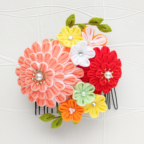 つまみ細工】ボタニカル オレンジ 髪飾り6点セット 七五三 7歳 卒業式
