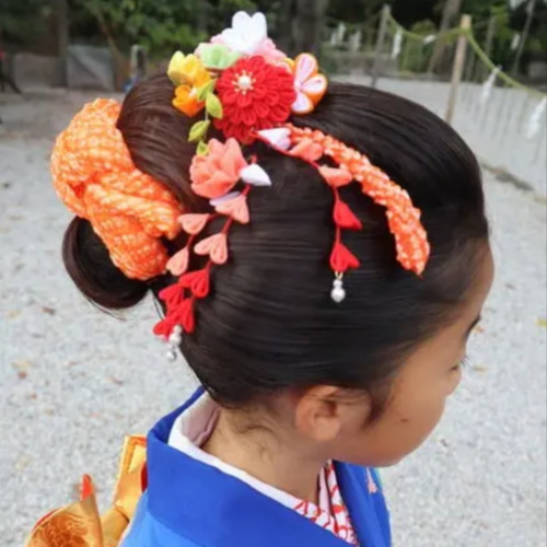 つまみ細工】ボタニカル オレンジ 髪飾り6点セット 七五三 7歳