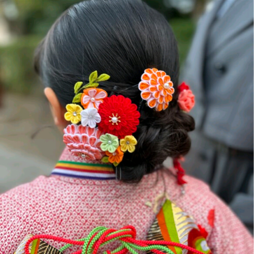 つまみ細工】ボタニカル オレンジ 髪飾り6点セット 七五三 7歳 卒業式