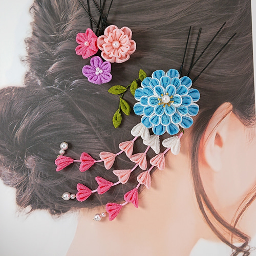 つまみ細工】ボタニカル ラベンダー 髪飾り6点セット 七五三 7歳 成人