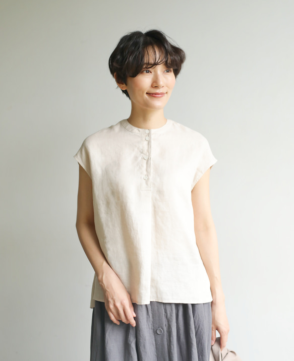 優雅亞麻襯衫法式袖上衣米色 230801-1 第2張的照片
