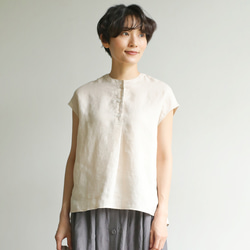 優雅亞麻襯衫法式袖上衣米色 230801-1 第1張的照片