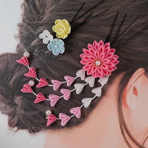 つまみ細工】 彩り ゆめかわ 髪飾り 5点セット 七五三 7歳 成人式 卒業