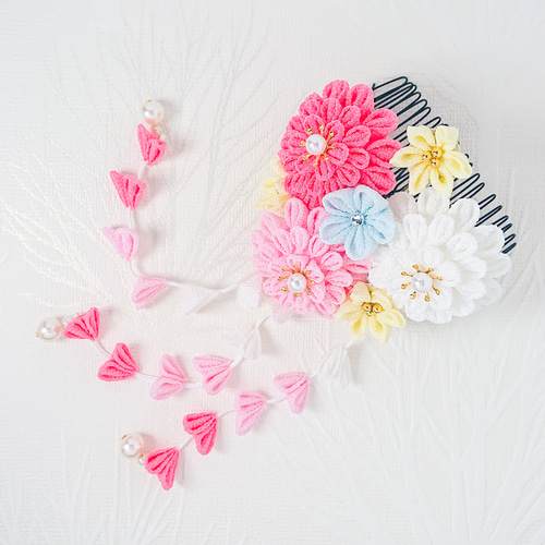 つまみ細工】華笑み ピンク 髪飾り 9点セット 七五三 7歳 成人式 卒業