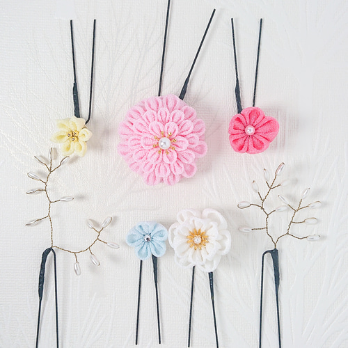 つまみ細工 髪飾り 簪セット 濃いピンク 七五三 卒業式 成人式 つまみ細工】華笑み ピンク 髪飾り 9点セット 七五三 7歳 成人式