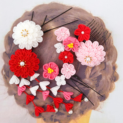 つまみ細工】 花音 赤&ピンク 髪飾り 6点セット 七五三 7歳 3 つまみ細工】 花音 赤&ピンク 髪飾り 6点セット 七五三 7歳 3