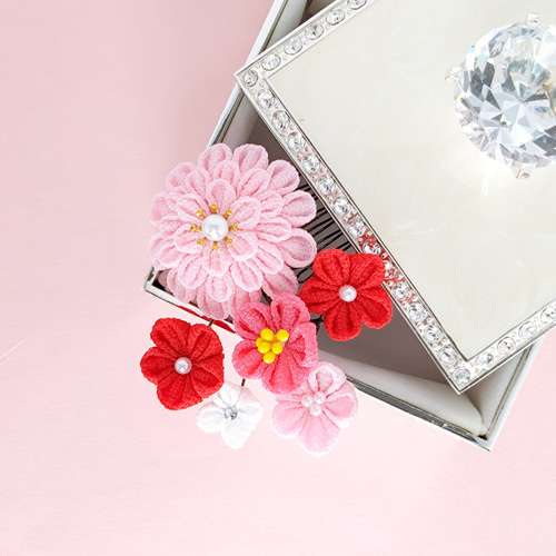 つまみ細工】 花音 赤&ピンク 髪飾り 6点セット 七五三 7歳 3 つまみ細工】 花音 赤&ピンク 髪飾り 6点セット 七五三 7歳 3