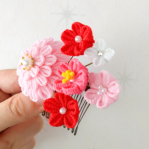 つまみ細工】 花音 赤&ピンク 髪飾り 6点セット 七五三 7歳 3 つまみ細工】 花音 赤&ピンク 髪飾り 6点セット 七五三 7歳 3