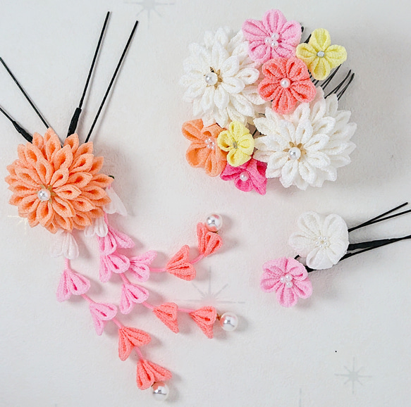 つまみ細工】 穂香 オレンジグラデーション 髪飾り5点セット 七五三 7  