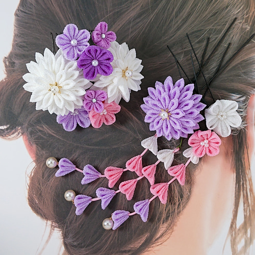 つまみ細工】 穂香 ラベンダーグラデーション 髪飾り5点セット 七五三  