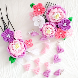 つまみ細工】 彩り ピンク 髪飾り 5点セット 七五三 7歳 成人式 卒業式