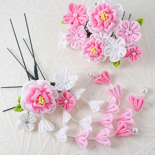 つまみ細工】うらら パステルピンク 髪飾り 5点セット 七五三 7歳 3歳  