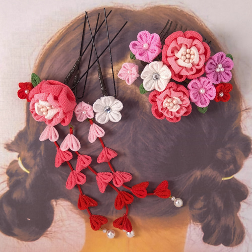 受注発注】つまみ細工 うらら ピンクグラデーション 髪飾り 5点セット  