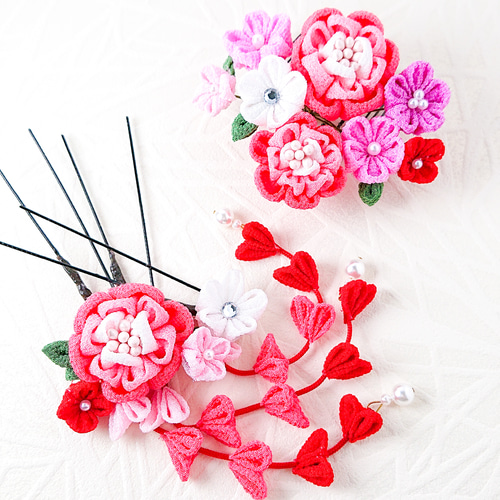 受注発注】つまみ細工 うらら ピンクグラデーション 髪飾り 5点セット  